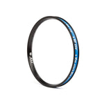 The BSD XLT Rim is a durable black bike rim with blue and white decals, displayed upright on a white background.