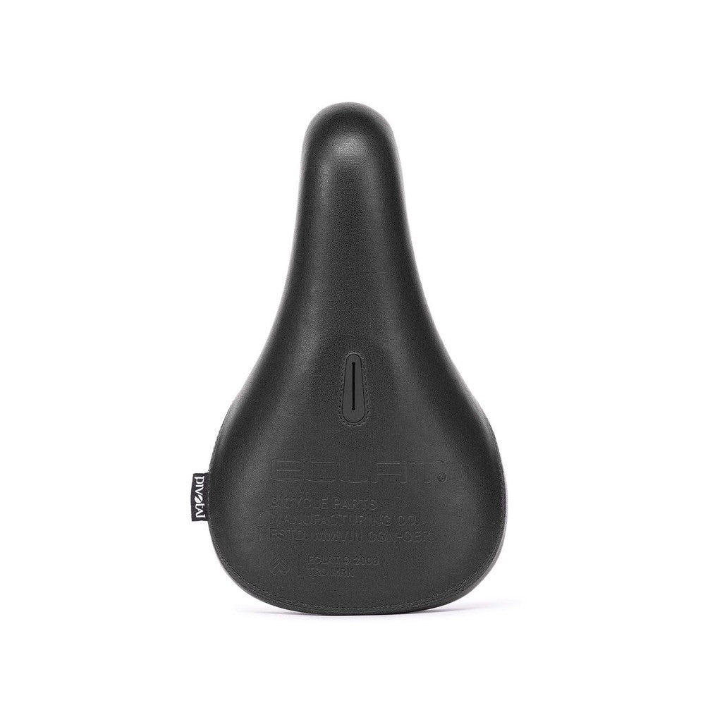 A black bike saddle on a white background featuring the Eclat Bios Fat Pivotal Seat.