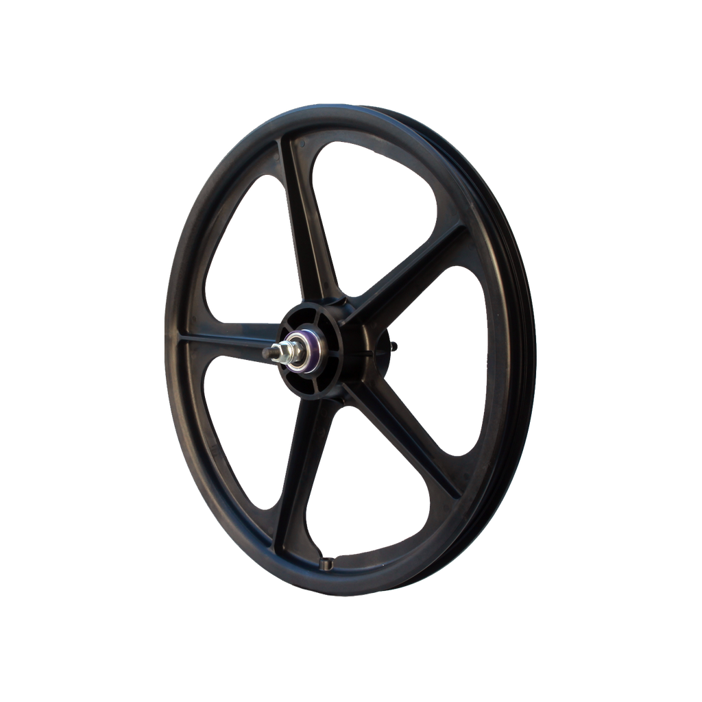 Skyway Tuff 5 Spoke Rear Wheel - A black wheel on a white background featuring Tuff Wheels design and sealed bearing axles.