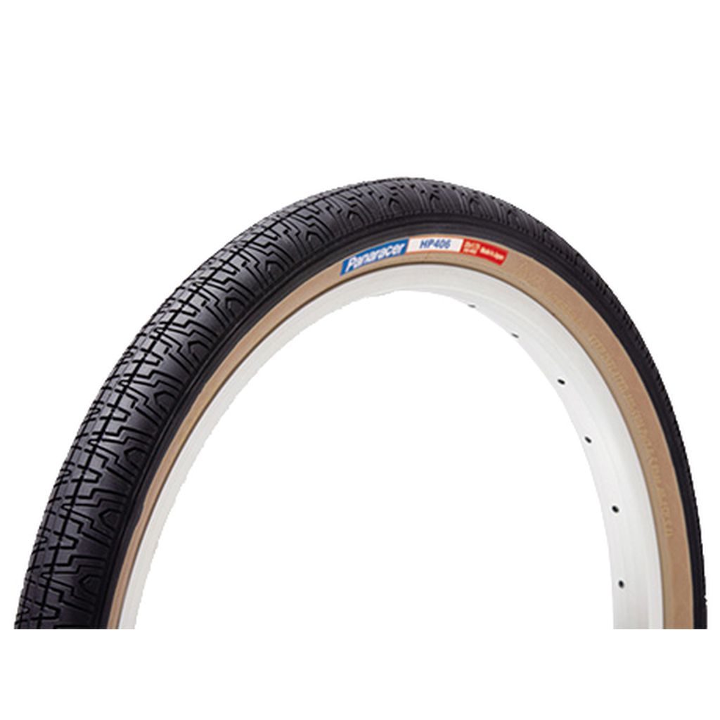 A Panaracer HP-406 Tyre with a white rim and Kevlar folding bead.