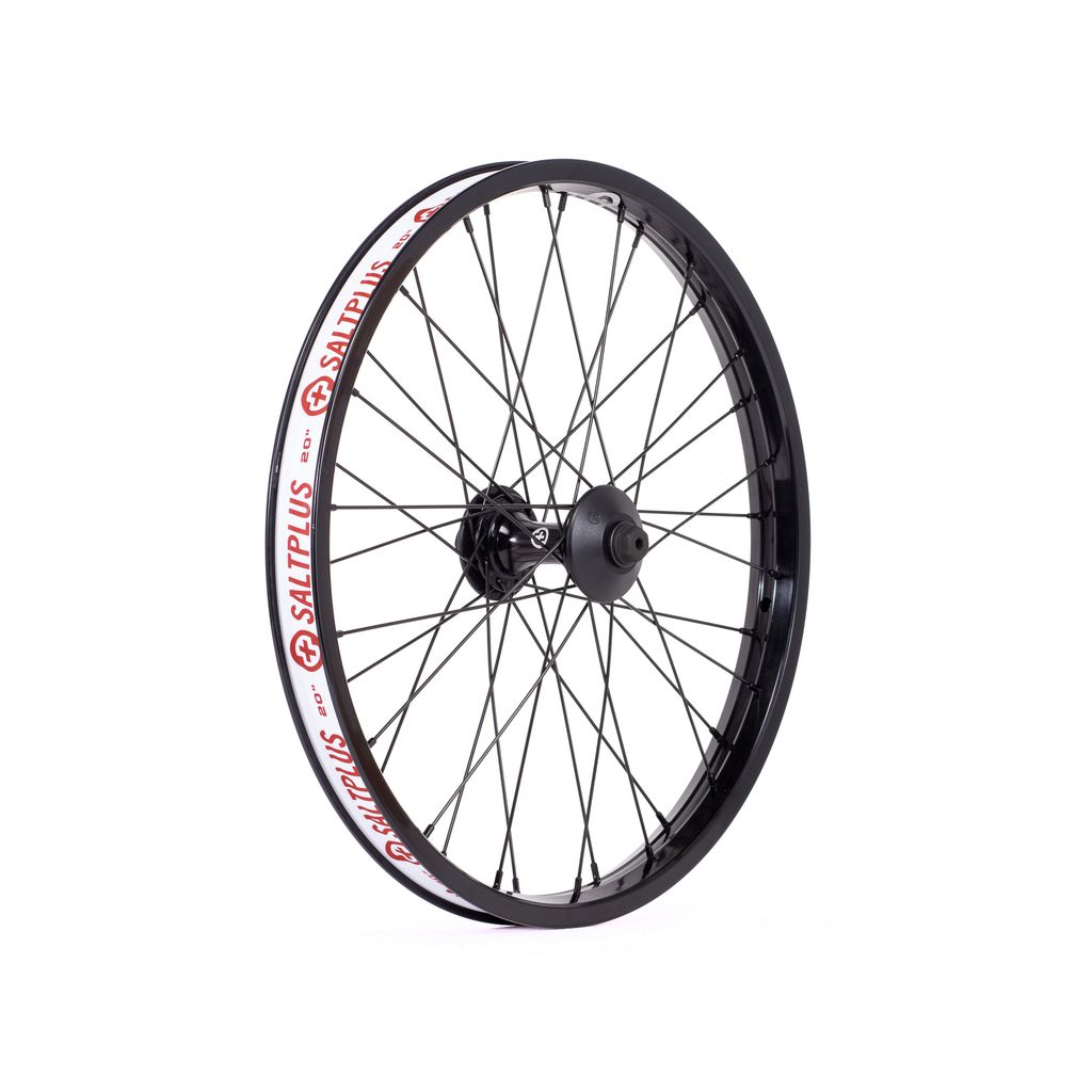 A black Salt Summit 20 Inch Front Wheel with a white SaltPlus logo on it.