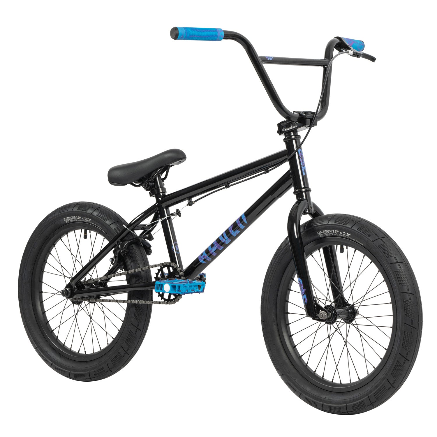 A black and blue Raven Trickster 18 Inch Bike on a white background.