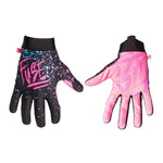 A pair of Fuse Omega Turbo Gloves with pink and blue paint, offering exceptional performance.
