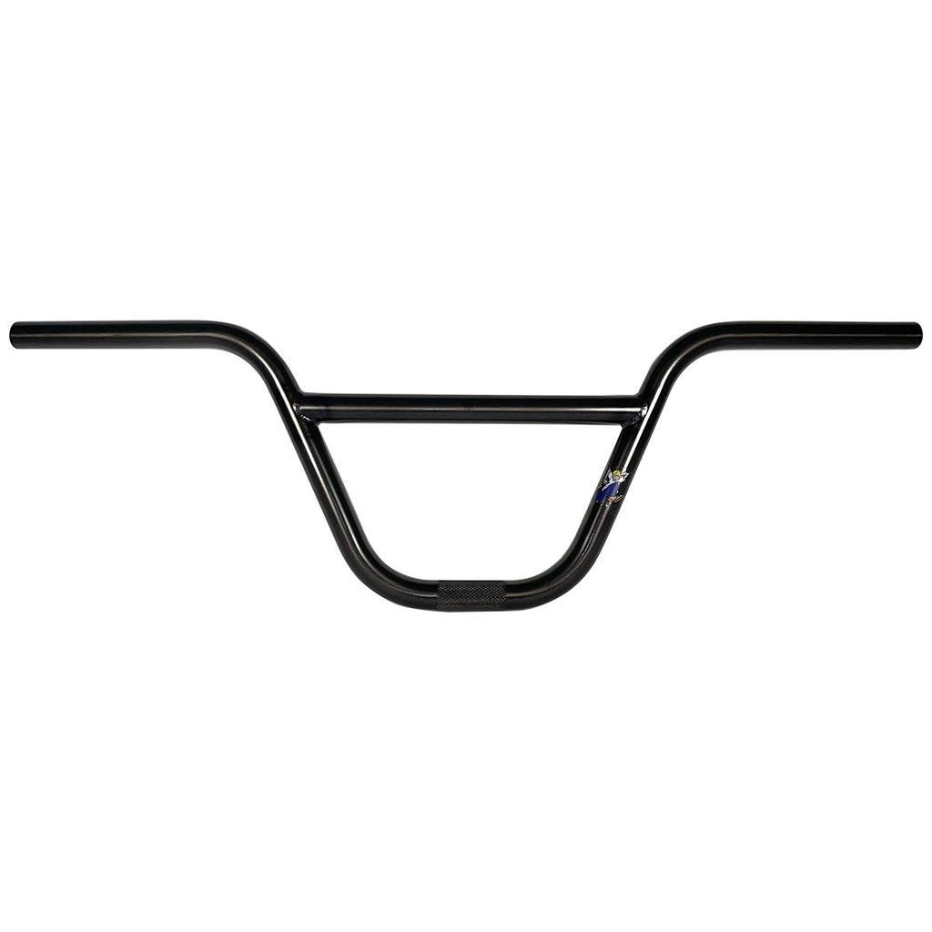 The S&M Slam Bars feature a crossbar and small logo on the right side, crafted from durable 4130 chromoly. The black BMX handlebars have a knurled clamping area for enhanced grip.