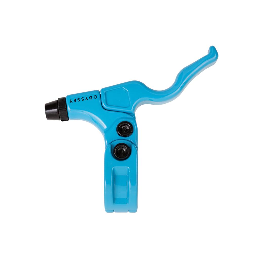 The Odyssey Monolever Trigger Lever, shown in blue with two black bolts and gyro compatibility for premium braking, is displayed against a white background.