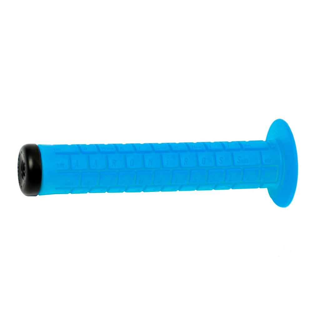 The Odyssey Aaron Ross Grips are blue BMX grips featuring a textured keyboard pattern and a black end cap, inspired by the original design, shown isolated on a white background.