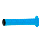 The Odyssey Aaron Ross Grips are blue BMX grips featuring a textured keyboard pattern and a black end cap, inspired by the original design, shown isolated on a white background.