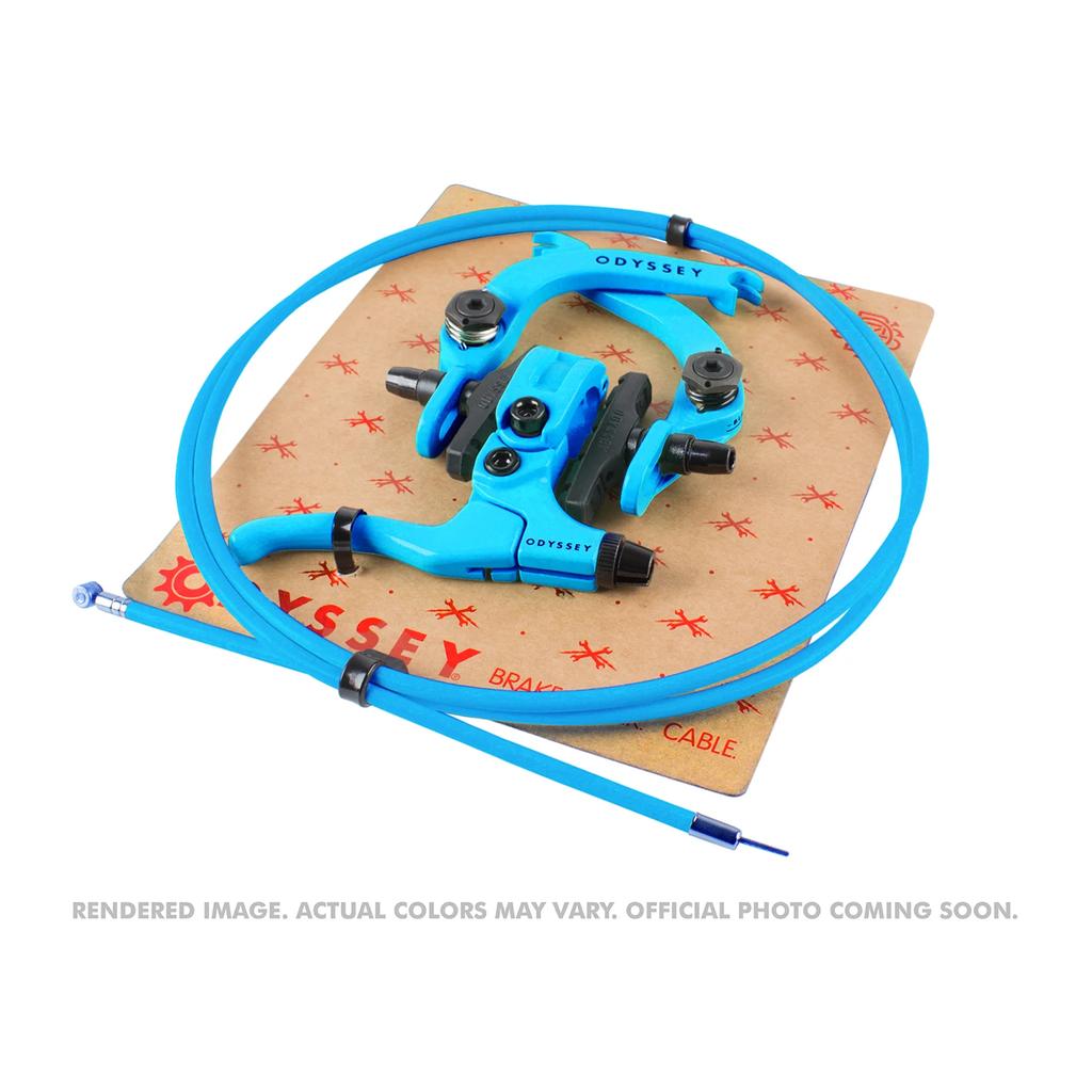 A blue Odyssey Evo 2.5 Brake Kit with BMX U brake arms, pads, and modular hardware is shown on branded packaging. Image is a rendering; actual colors may vary.