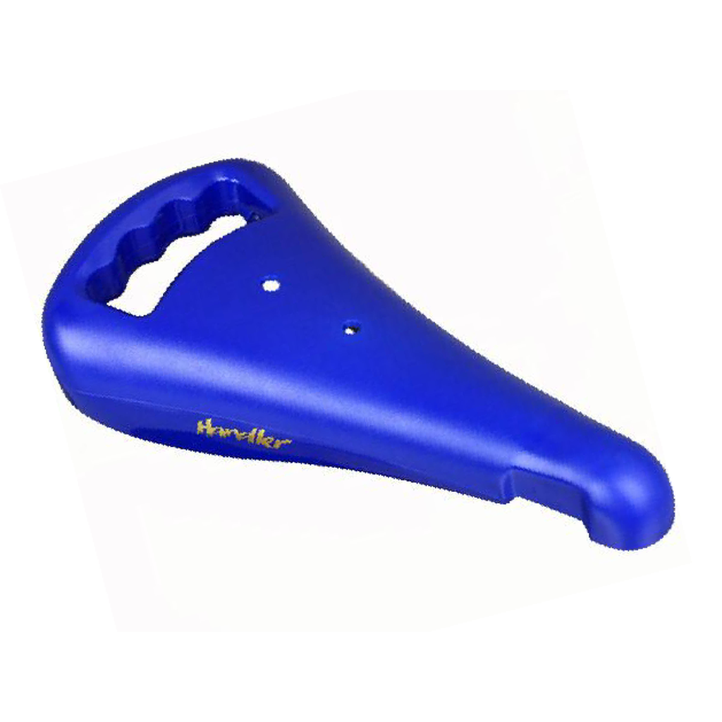 A Kashimax FS Handler Seat, made in Japan, with a finger grooved blue bike handle.
