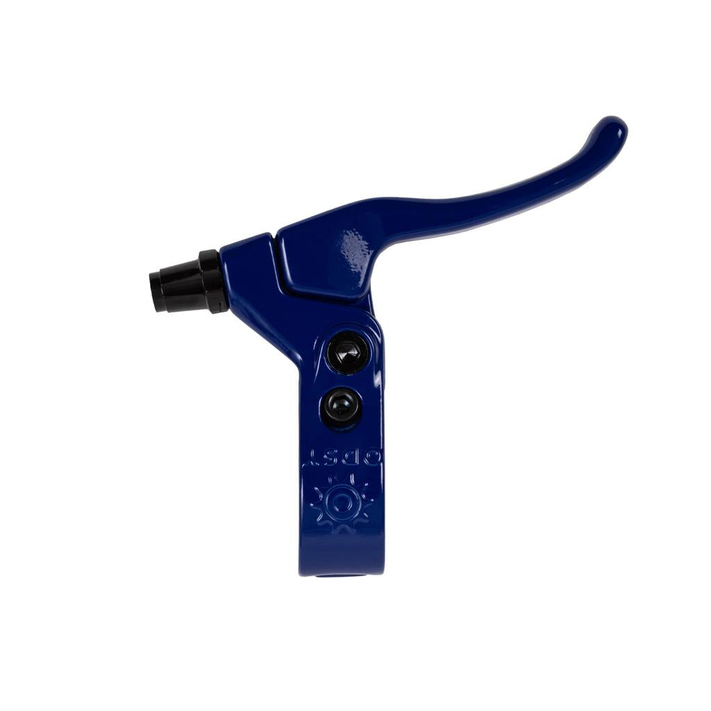 The Odyssey Springfield Brake Lever in blue features a textured handle and two visible bolts, shown against a white background. Affordable and simple to set up, it’s ideal for quick and easy brake installations.