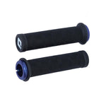 Two Tangent Contour Lock On Grips, black slim fit with a textured zigzag pattern and blue lock-on collars at the ends, are displayed on a white background.