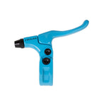 The Odyssey Monolever Medium Lever is a blue BMX brake lever featuring a hinged clamp, two mounting bolts, and an adjustment knob, shown against a white background.