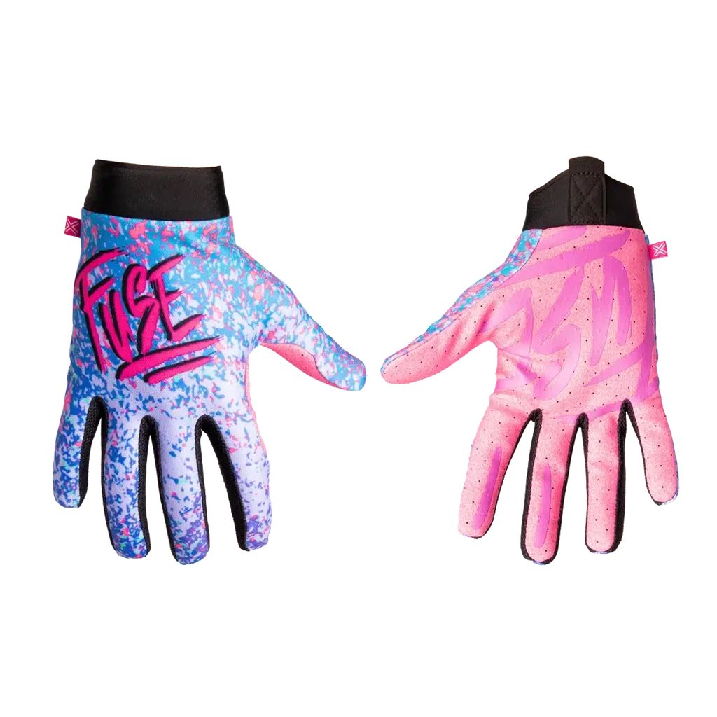 A pair of pink and blue Fuse Omega Turbo Gloves.
