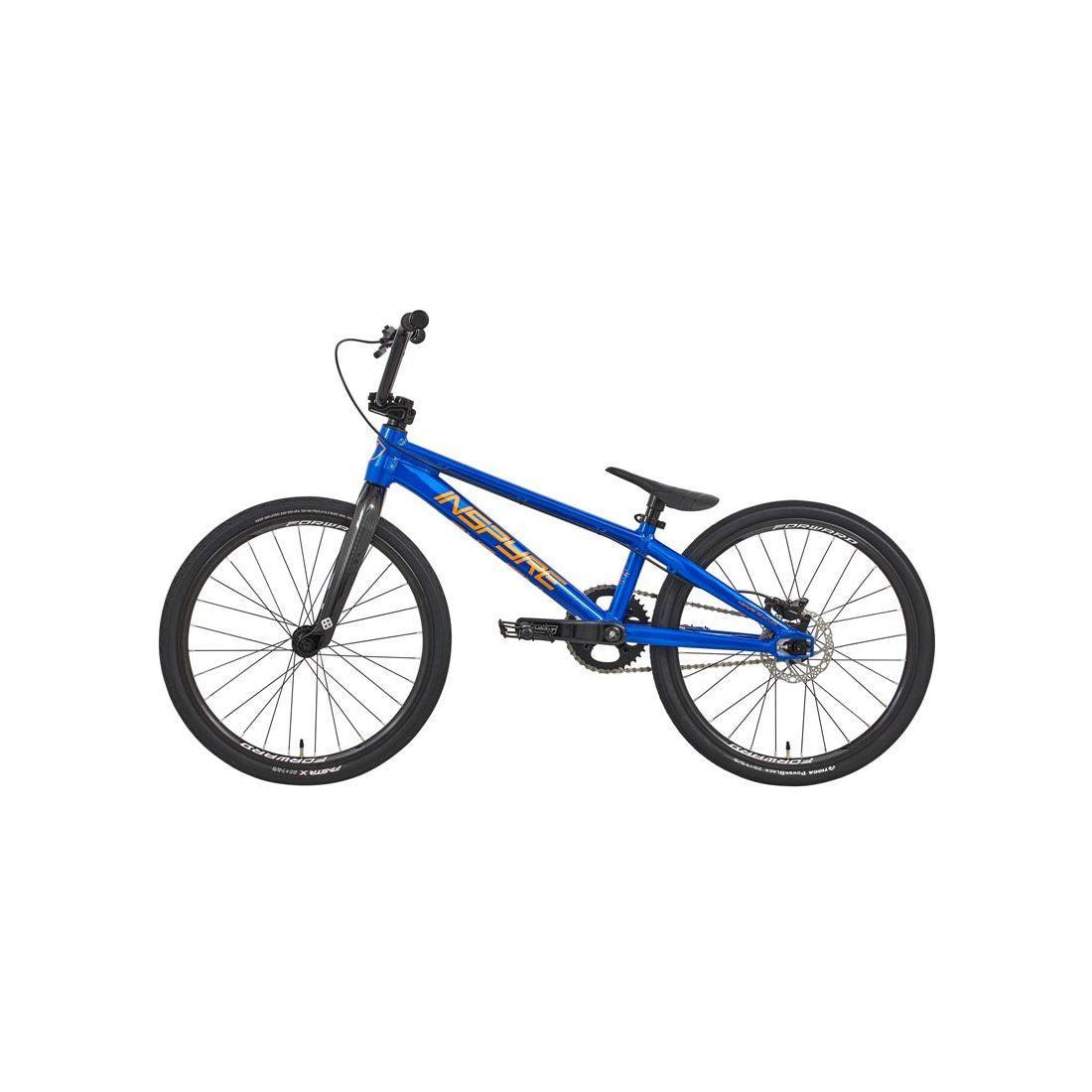 Side view of the Inspyre Evo-C Disc Exper XL Bike 2026 with race geometry, blue frame, black wheels, and a yellow logo on a plain white background. Ideal for BMX racing enthusiasts.