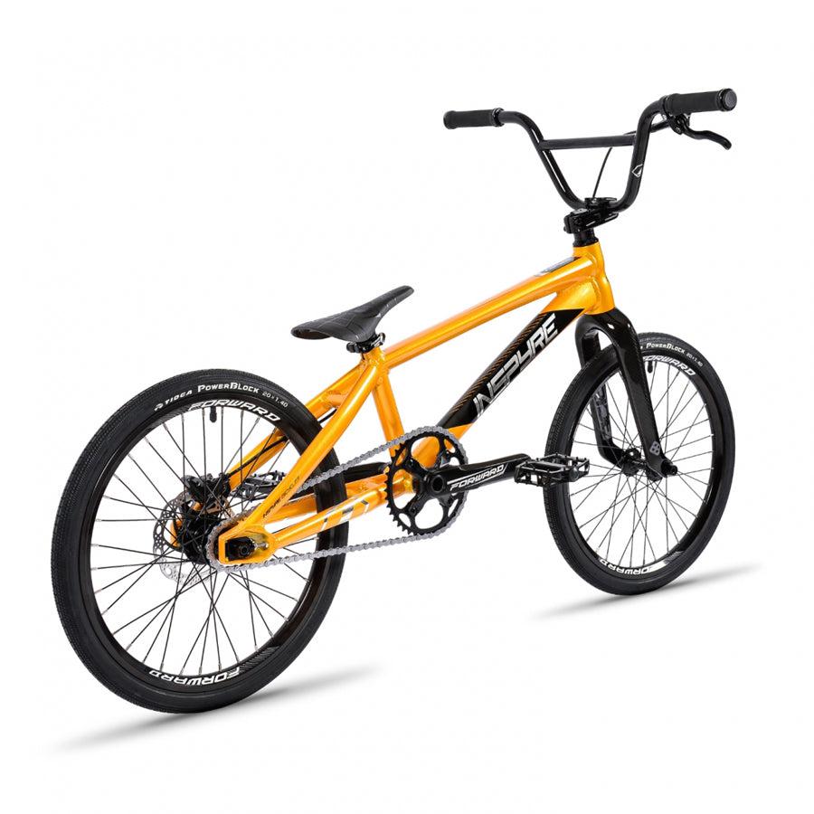 An Inspyre EVO-C Expert XL Disc Brake Bike yellow bmx bike on a white background.