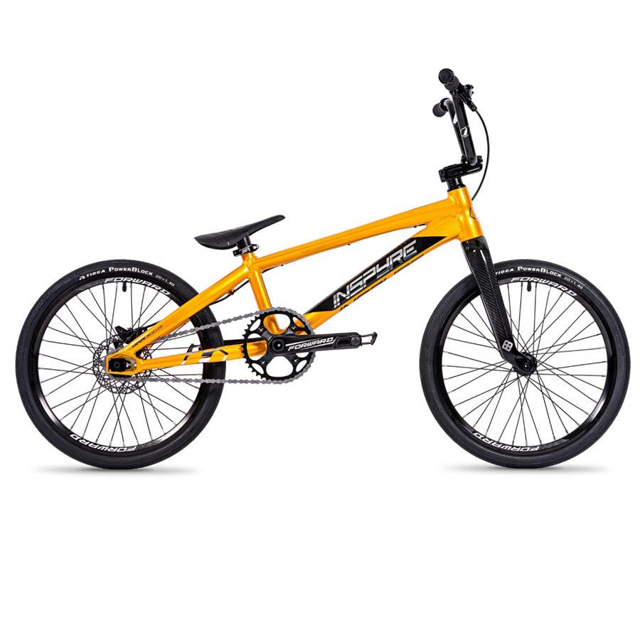 A yellow BMX bike on a white background with the Inspyre EVO-C Expert XL Disc Brake Bike.