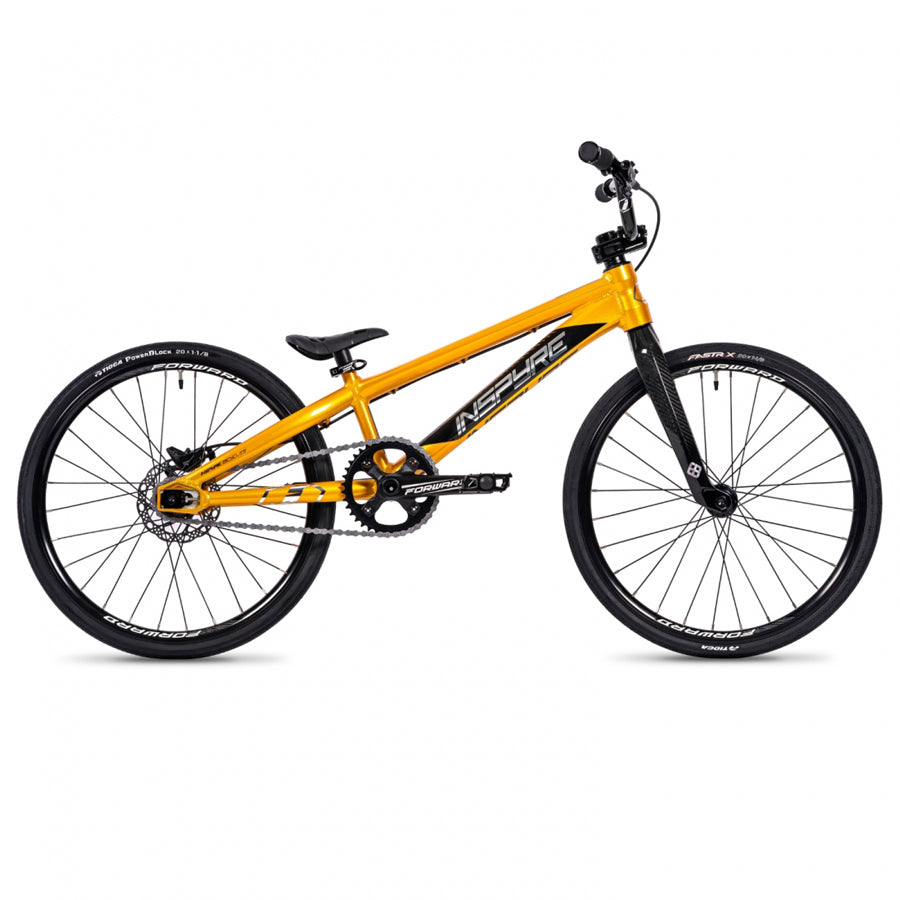 A yellow and black Inspyre EVO-C Junior Disc Brake Bike with a carbon fork on a white background.