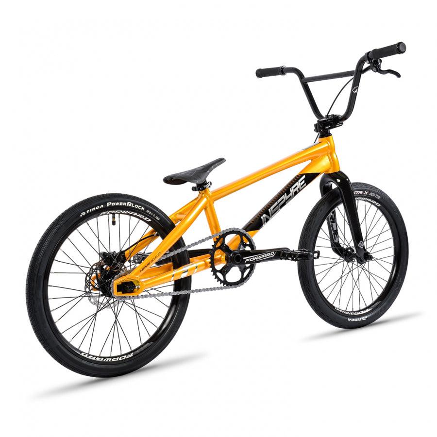 A yellow Inspyre EVO-C Pro L Disc Brake Bike with a carbon fork on a white background.