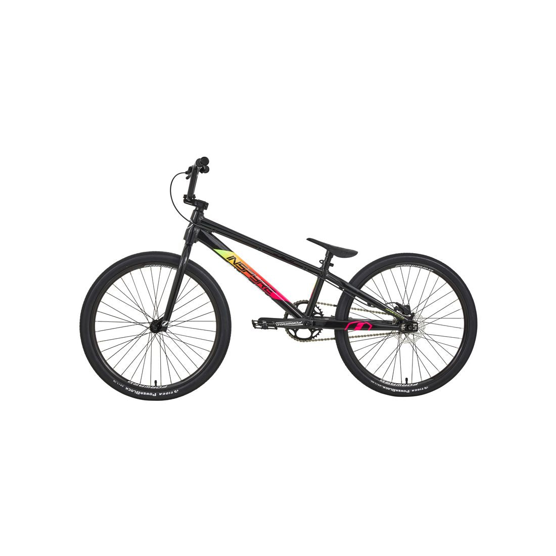 The Inspyre Evo Disc Pro Cruiser Bike 2026, shown from the side on a white background, features thin tires, race-focused geometry, minimal graphics, a straight top tube, and a sleek black finish.