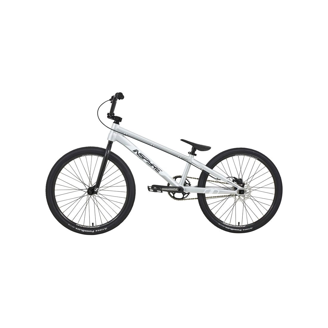The Inspyre Evo Disc Pro Cruiser Bike 2026, in silver with black tires, seat, and handlebars, is shown in profile on a white background and features race-winning geometry for top BMX racing performance.