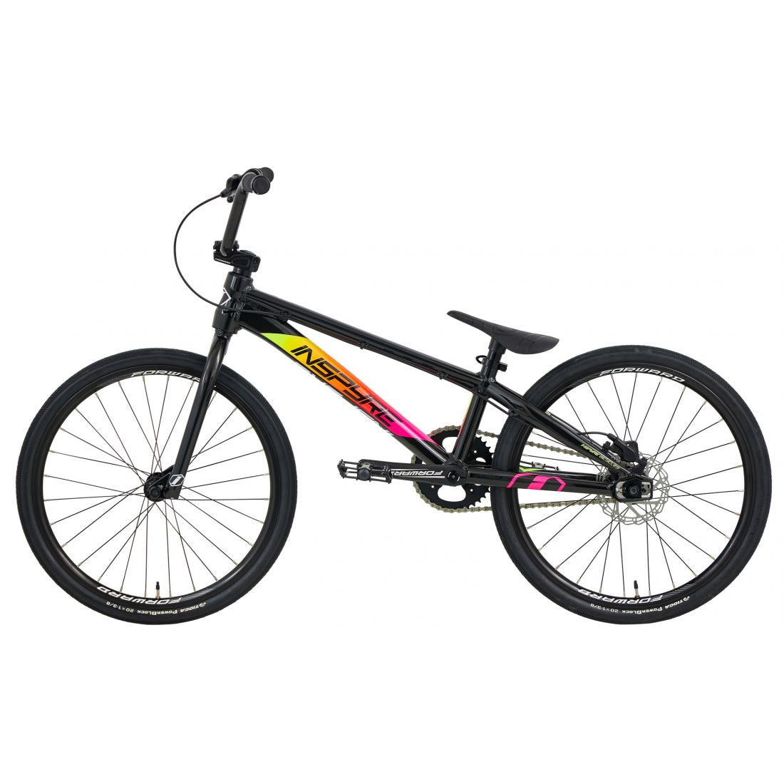 The Inspyre Evo Disc Expert Bike 2026 is a black BMX race bike with a straight top tube, flat handlebars, and neon decals on the frame, displayed from the side against a plain white background.