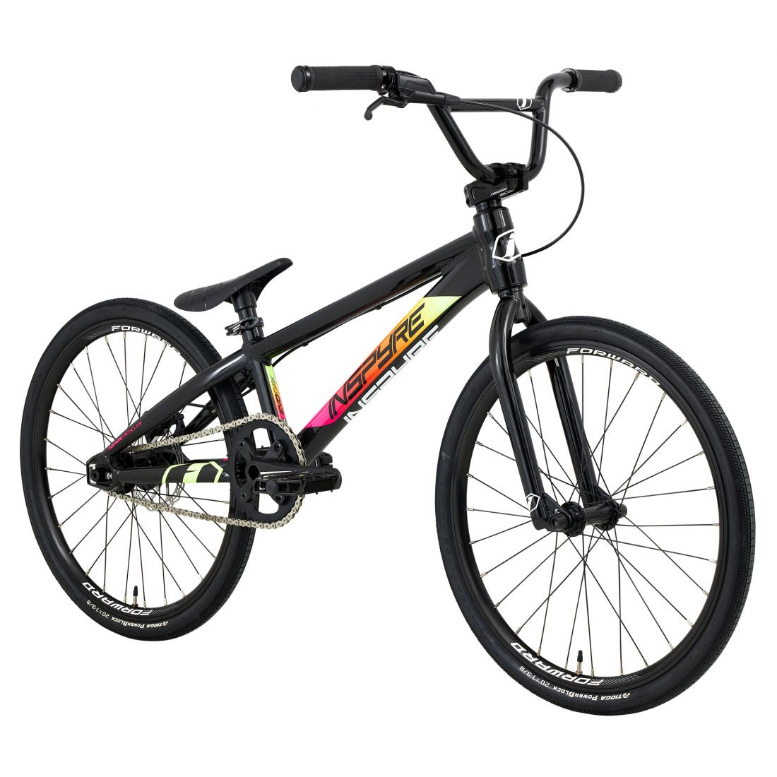 The Inspyre Evo Disc Expert Bike 2026 is a black BMX race bike with a sloped frame, hydraulic disc brakes, and colorful graphics, shown from the side.