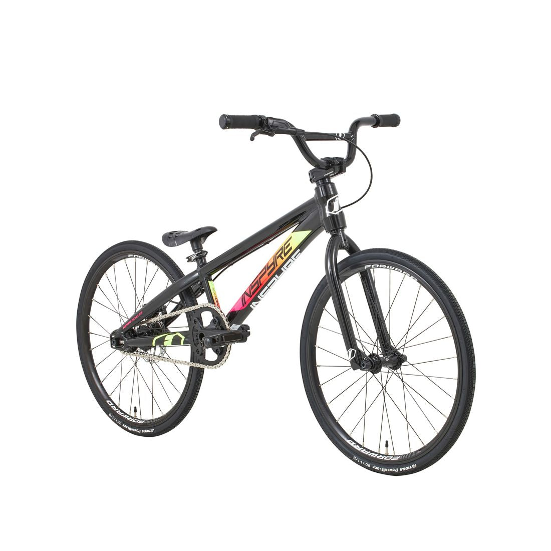 A black Inspyre Evo Disc Junior Bike 2026 with colorful decals, thin tires, a straight handlebar, and a compact frame is shown from the front left angle.