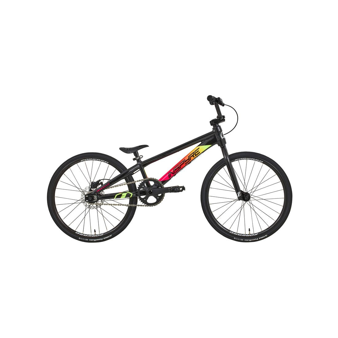 Side view of the Inspyre Evo Disc Junior Bike 2026 in black with neon yellow, pink, and red accents, featuring a lightweight frame, flat handlebars, thin tires, and hydraulic disc brakes.