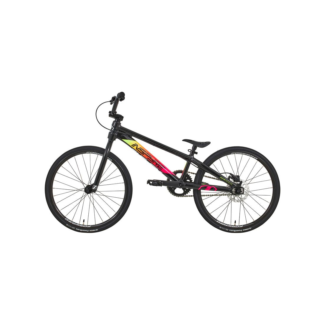 The Inspyre Evo Disc Junior Bike 2026 features a sleek black frame with a slanted top tube, thin tires, and vibrant yellow, red, and pink graphics, all shown on a white background.
