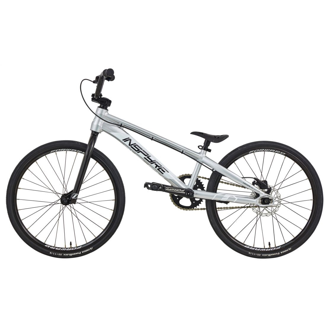 The Inspyre Evo Disc Junior Bike 2026 is silver with black handlebars, seat, and wheels. Shown on a white background, it features "INSYPRE" on the frame and hydraulic disc brakes for excellent stopping power.