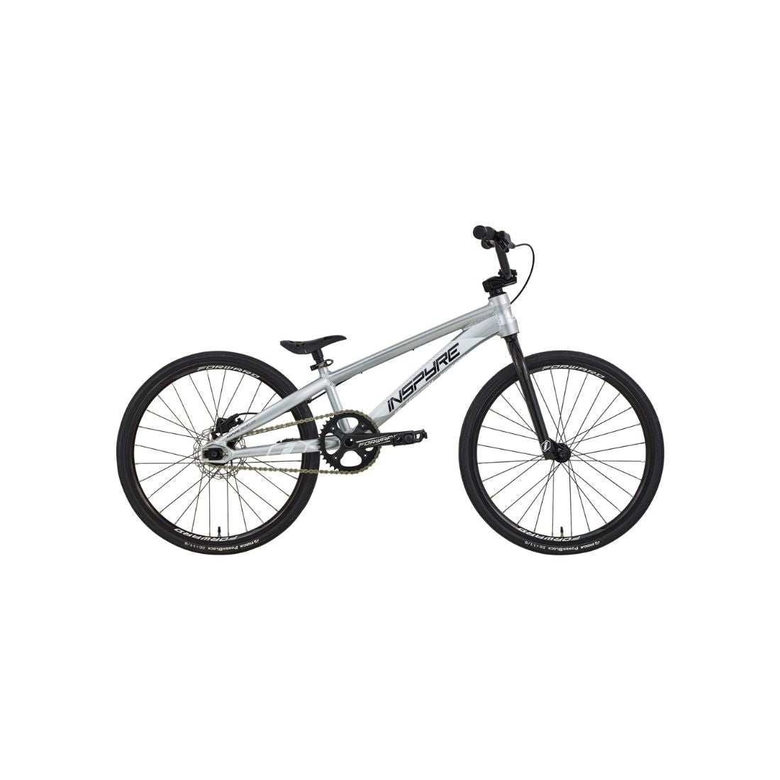 A silver Inspyre Evo Disc Junior Bike 2026 with black wheels, upright handlebars, and a compact frame is shown in profile on a white background.