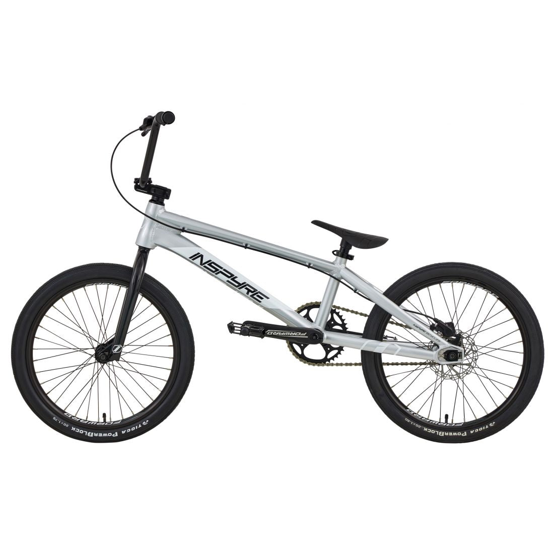 The Inspyre Evo Disc Pro XL Bike 2026 is a silver BMX race bike with black wheels, pedals, and handlebars, "Inspyre" branding on the frame, and hydraulic disc brakes, shown in side profile on a white background.