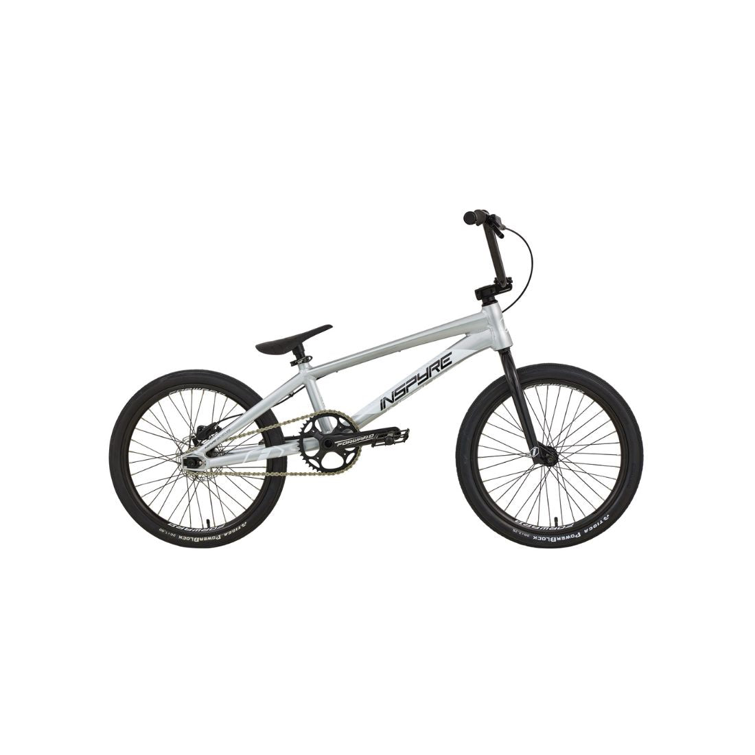 The Inspyre Evo Disc Pro XL Bike 2026 is a silver BMX race bike with black handlebars, seat, and wheels, displayed against a white background.