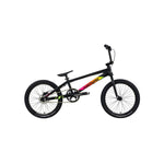 A side view of the Inspyre Evo Disc Pro XXL Bike 2026—a black BMX racing bike with a straight top tube, 20-inch wheels, and neon frame accents—displayed on a white background.