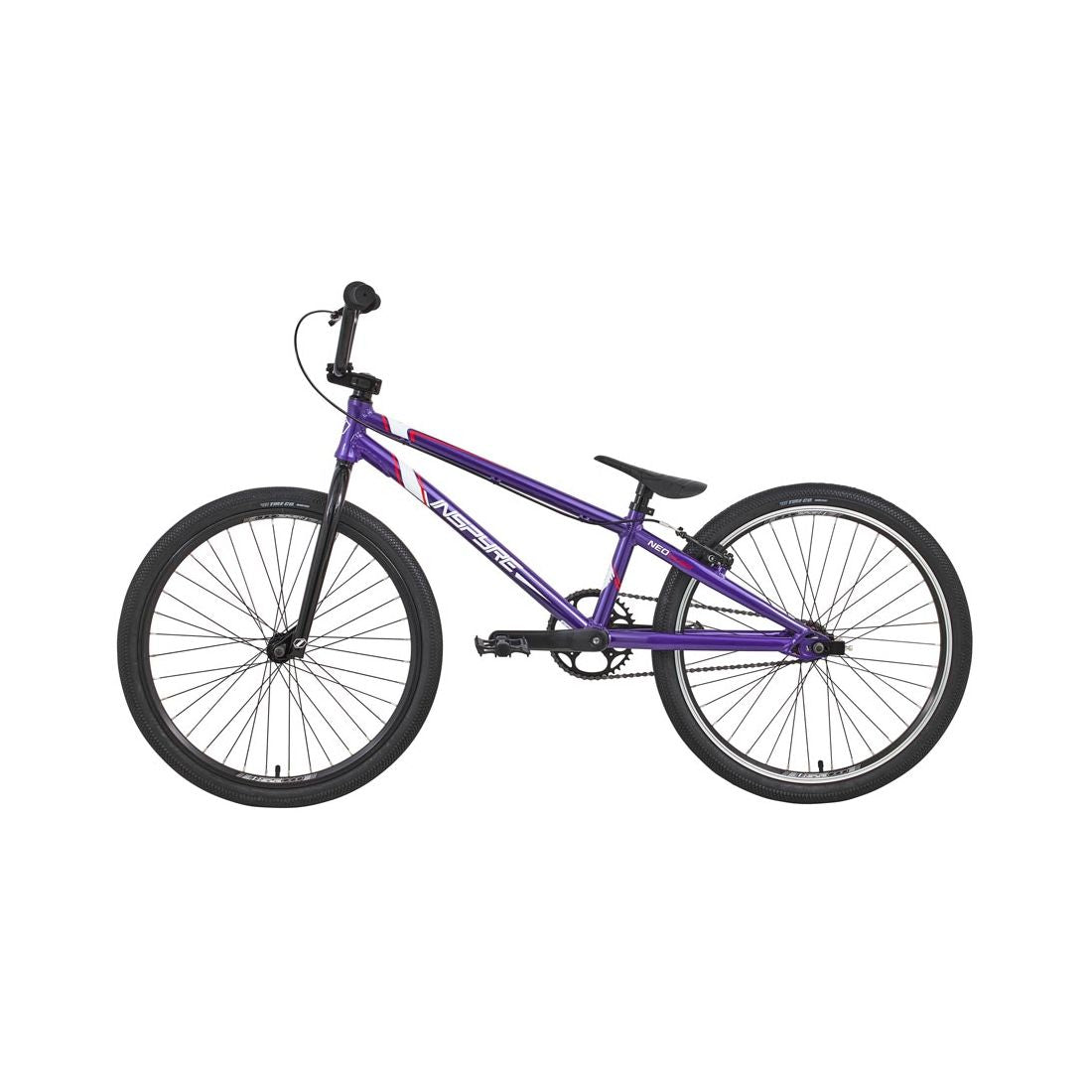 The Inspyre Neo Pro Cruiser Bike 2026 is a purple entry-level BMX with black tires, black handlebars, and a compact aluminum frame, shown in side profile against a white background.