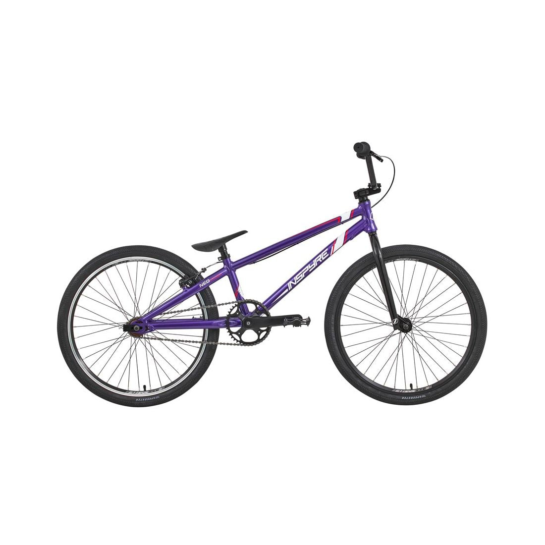 Side view of the Inspyre Neo Pro Cruiser Bike 2026, a purple BMX race bike with an aluminum frame, black tires, black seat, and flat handlebars on a plain white background.