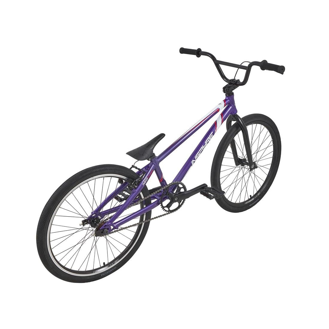 The Inspyre Neo Pro Cruiser Bike 2026 is a purple BMX race bike with an aluminum frame, black tires, black seat, and white and pink accents, shown from a rear side angle on a white background.