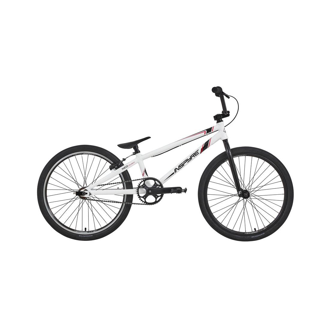 The Inspyre Neo Pro Cruiser Bike 2026 is a white BMX race bike with an aluminum frame, black wheels, seat, and handlebars, shown in profile view against a plain background.