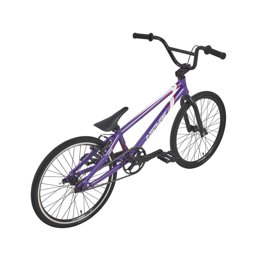The Inspyre Neo Expert XL Bike 2026 features a purple frame with black handlebars, seat, and tires, displayed at an angle on a white background—ideal for young BMX racing fans.