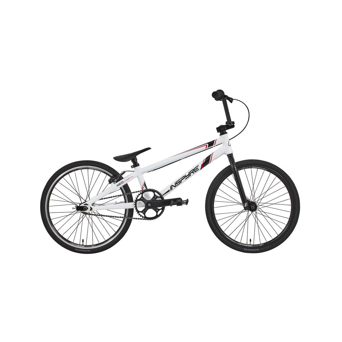 The Inspyre Neo Expert XL Bike 2026 is a white BMX race bike with black wheels, seat, and handlebars, plus red and black frame graphics—shown side-on and ideal for kids' BMX racing.