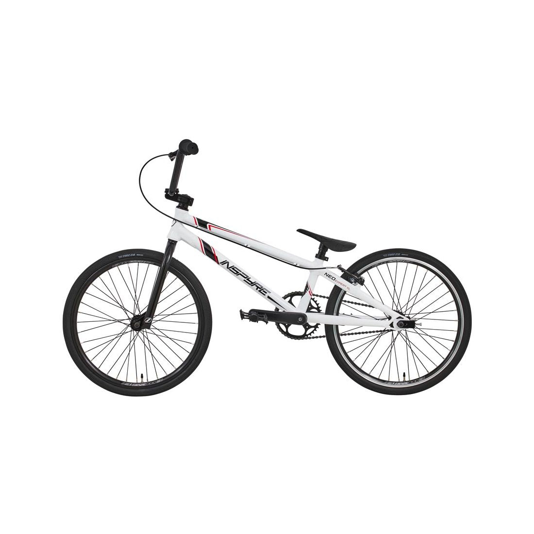 The Inspyre Neo Expert XL Bike 2026 is a white BMX race bike with black handlebars, seat, and tires, shown from the side against a plain white background—ideal for kids BMX racing.