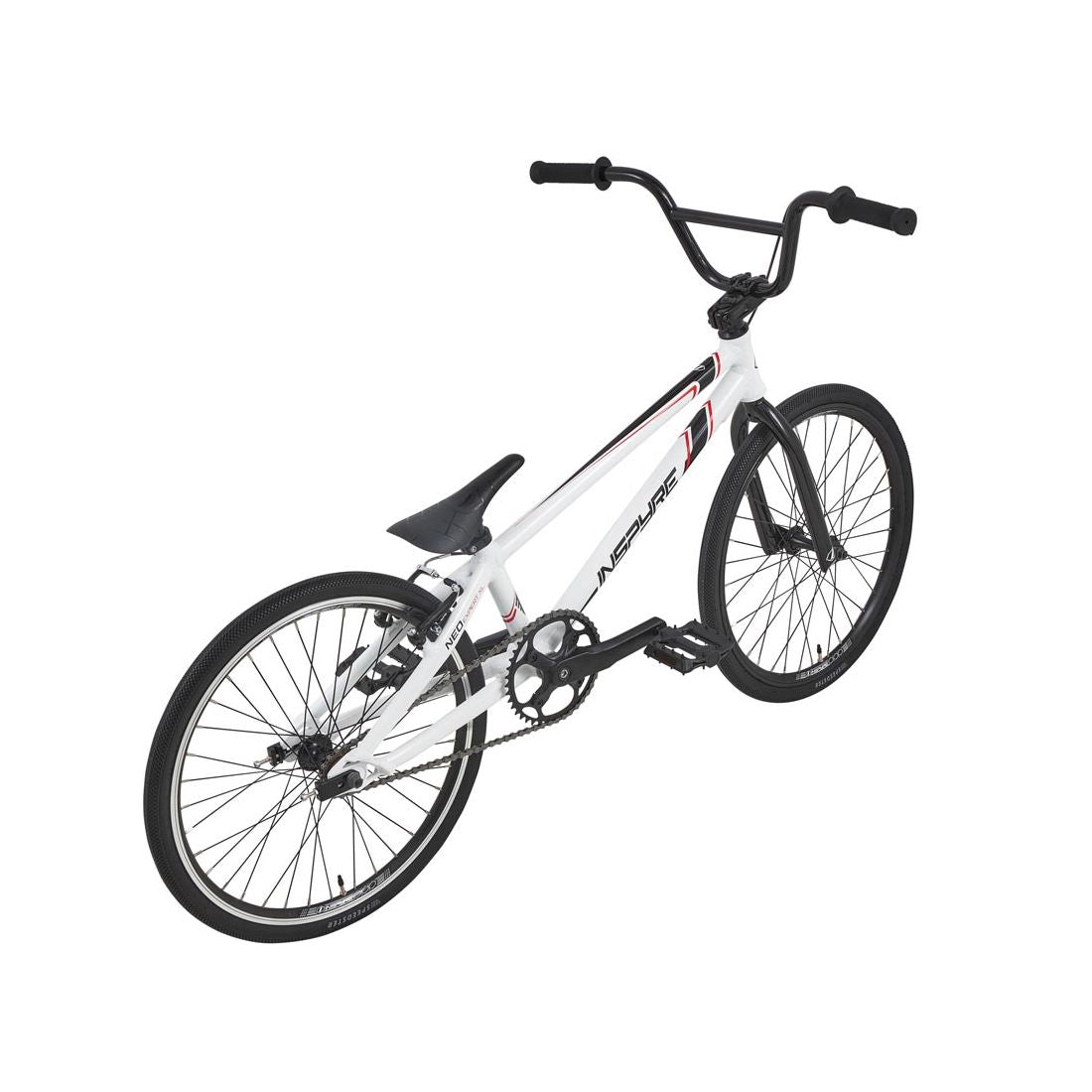 The Inspyre Neo Expert XL Bike 2026 is a white BMX race bike with black handlebars, seat, and tires plus subtle red and black graphics—ideal for young BMX racing enthusiasts.