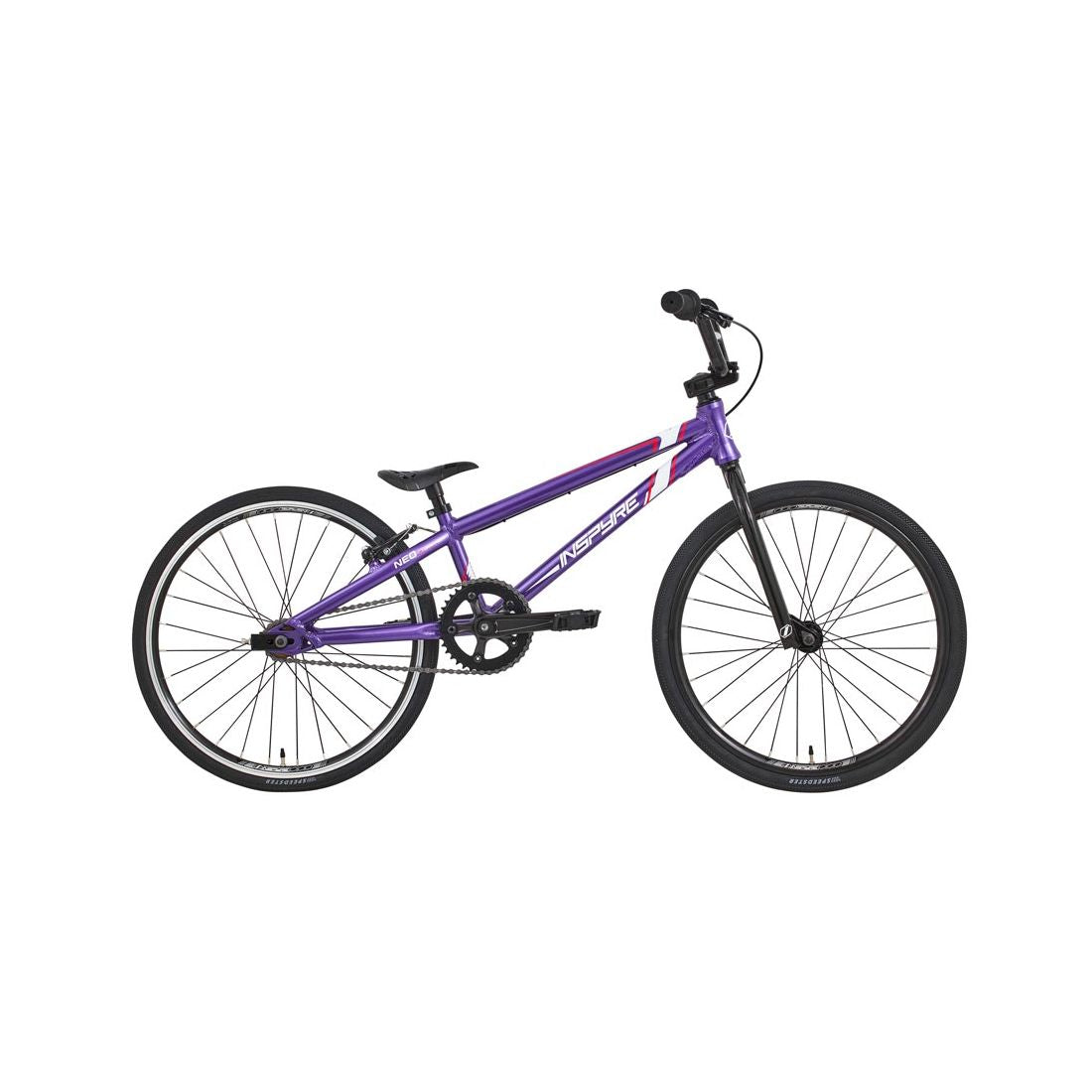 The Inspyre Neo Expert Bike 2026 is a purple entry-level BMX race bike with black handlebars, seat, and tires, shown in side profile on a white background—ideal for young BMX racing enthusiasts.