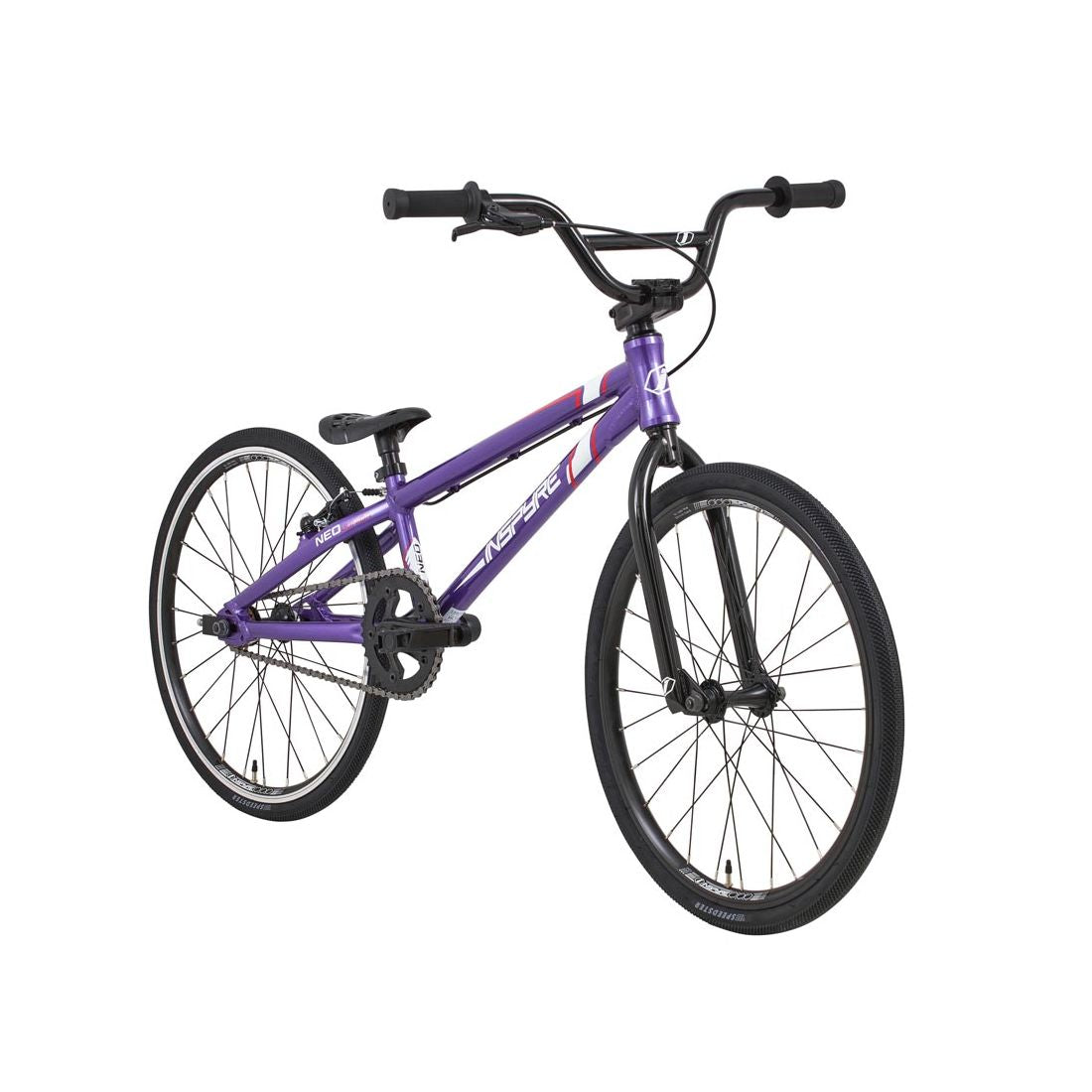 The Inspyre Neo Junior Bike 2026 is a purple entry-level BMX race bike with black handlebars, saddle, and wheels, displayed on a white background.