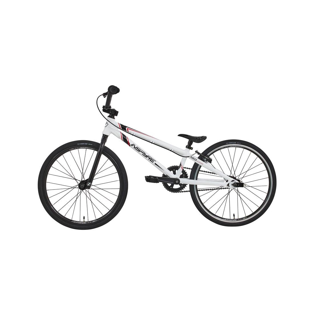 The Inspyre Neo Expert Bike 2026 is a white BMX race bike with black tires, angled handlebars, and subtle red and black frame details—ideal for kids’ BMX racing or riders looking for an entry-level race bike.