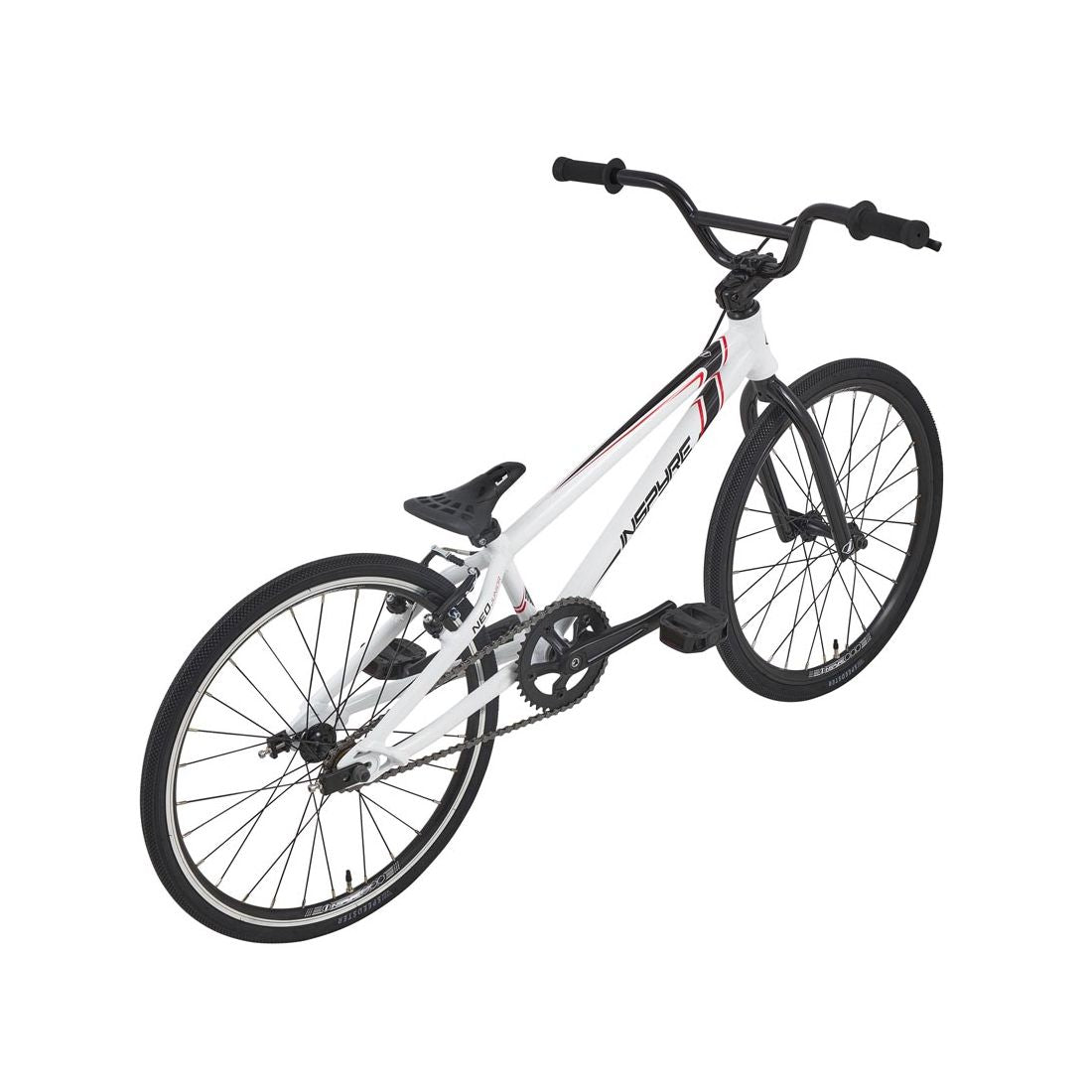 The Inspyre Neo Expert Bike 2026 is a white entry-level BMX race bike with black handlebars, seat, and tires, ideal for kids’ BMX racing, displayed on a plain white background.