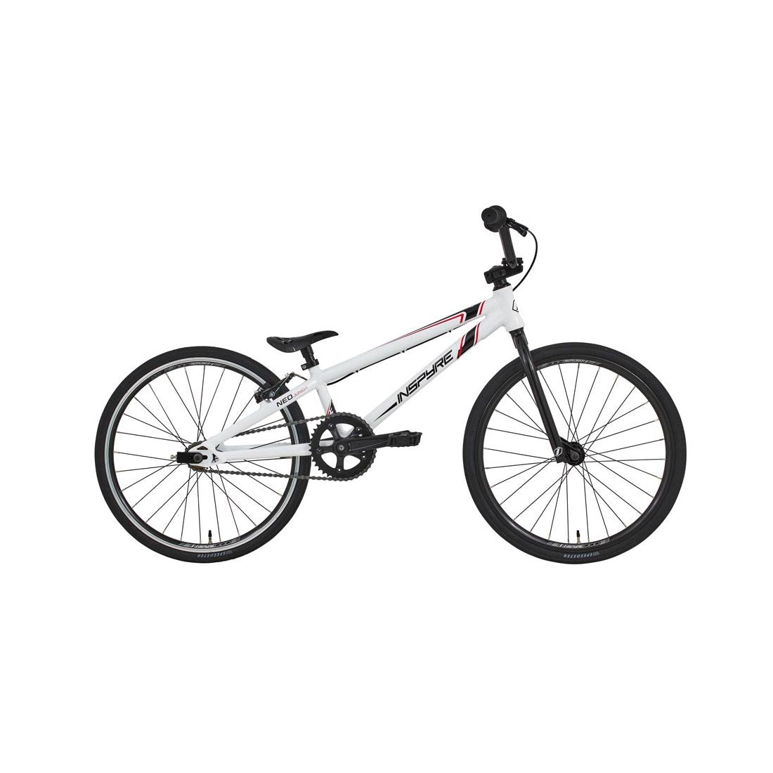 The Inspyre Neo Expert Bike 2026 is a white BMX race bike with black tires, seat, and handlebars—shown in profile on a plain white background. Ideal for kids’ BMX racing and perfect as an entry-level race bike.