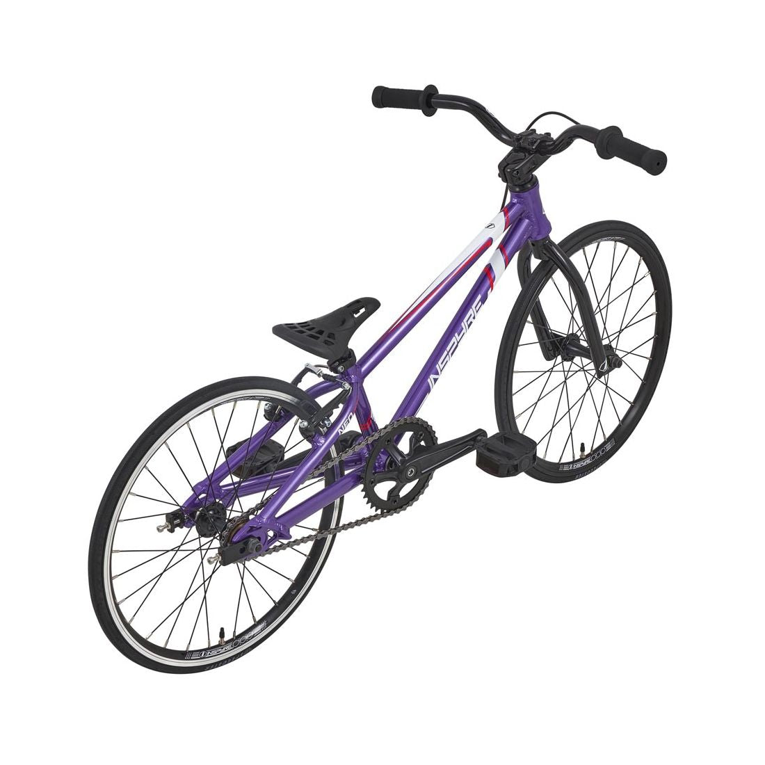 The Inspyre Neo Micro Bike 2026 is a purple and white BMX-style bicycle with black handlebars, seat, and tires, shown from an elevated rear angle on a white background.