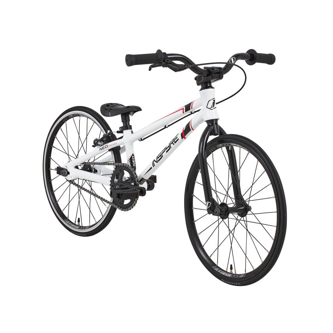 The Inspyre Neo Micro Bike 2026, a white BMX-style bicycle with black handlebars, seat, and tires, is displayed at an angle on a white background.