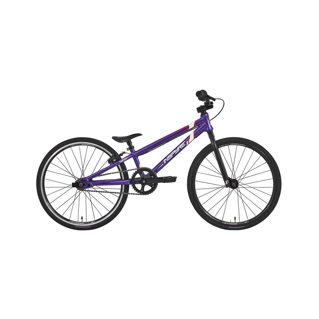 The Inspyre Neo Mini Bike 2026 is a purple entry-level BMX with black tires, a small seat, and straight handlebars—shown in profile on a white background, it's perfect for kids' BMX racing.